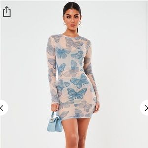 Blue Mesh Butterfly Print Mini Dress